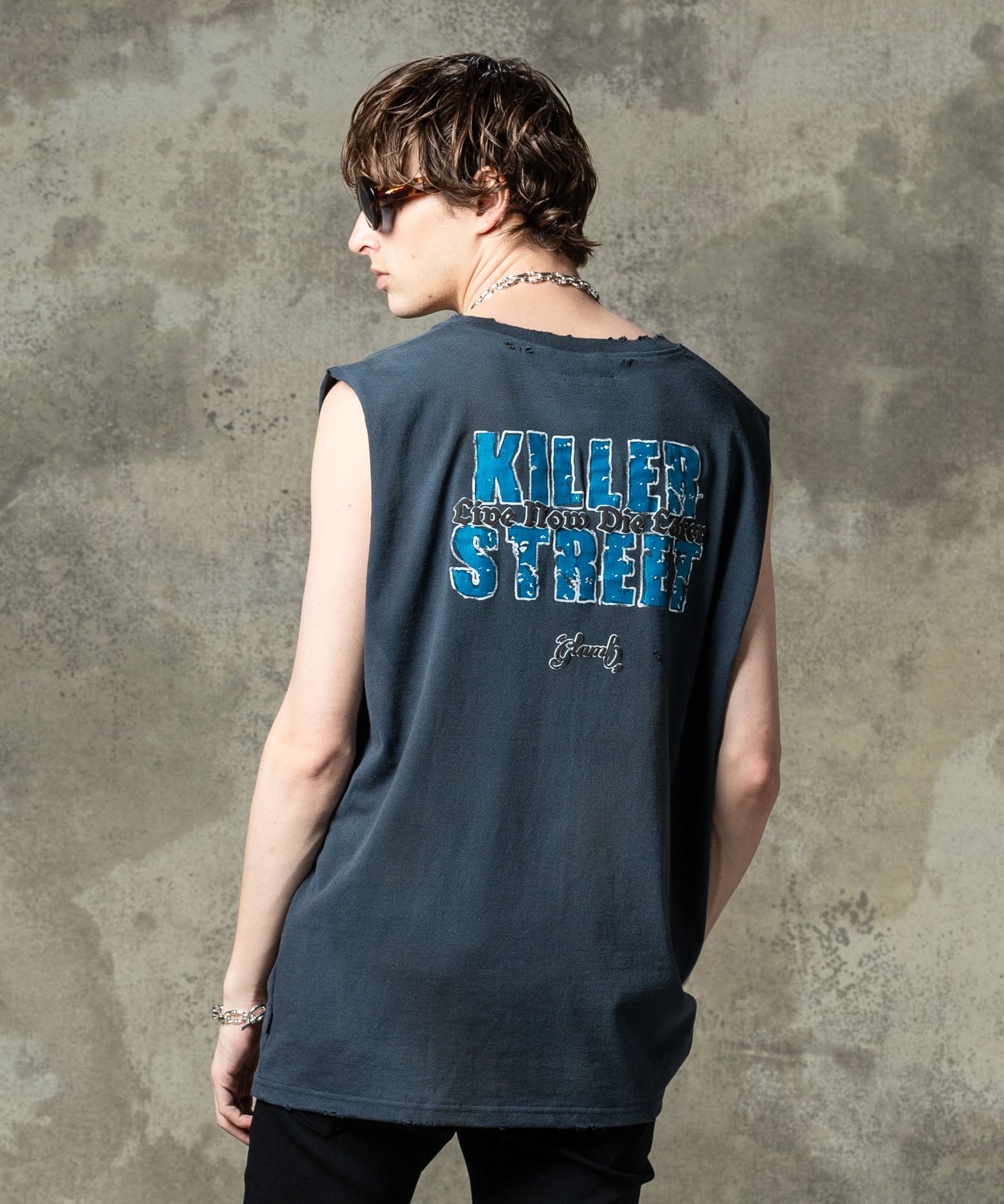 otani★【glamb】CUT DAMAGE LS TSHIRT 528 GB0125/CS12: Grunge Sleeveless T-Shirt / Grunge Sleeveless T