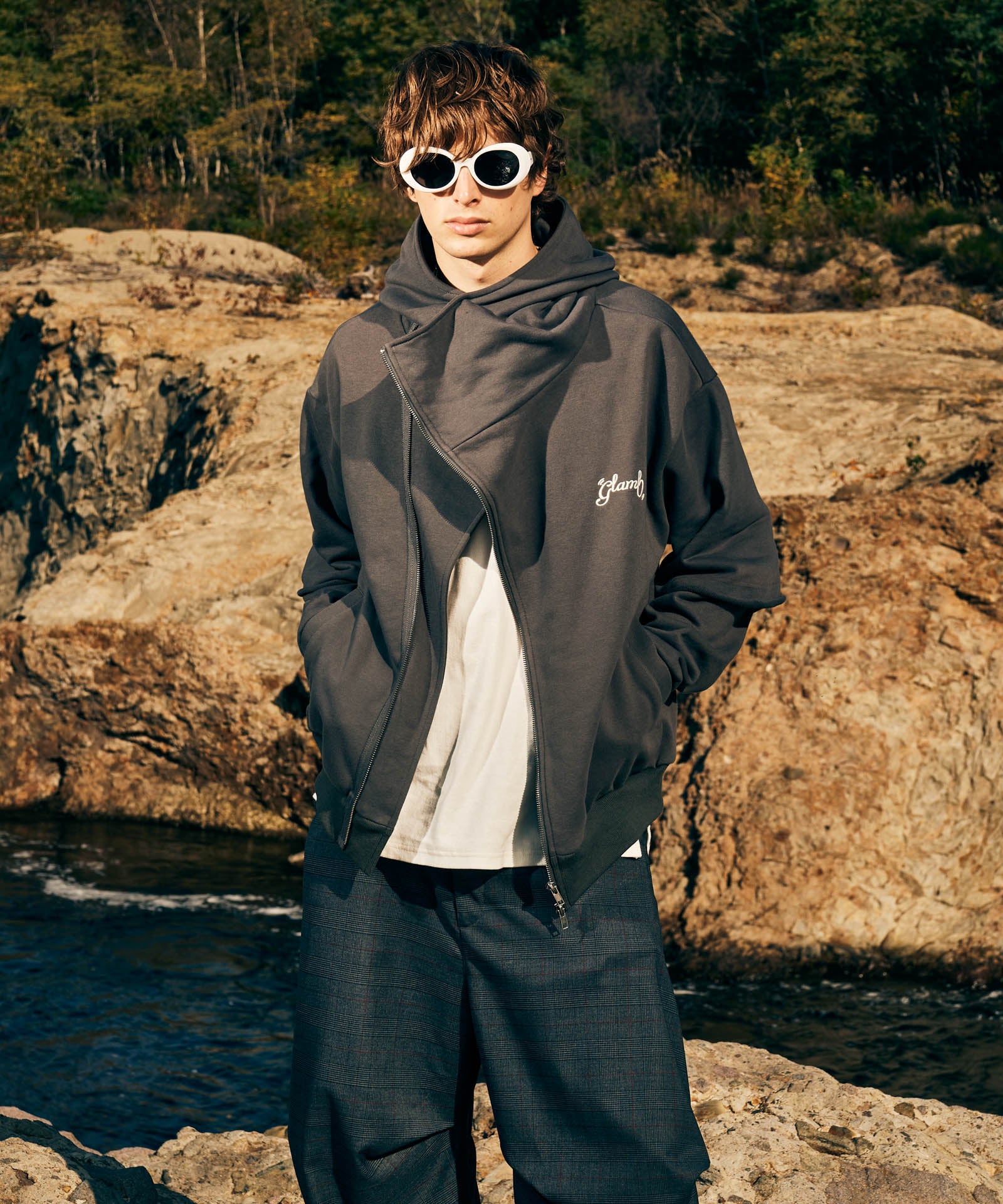 美品／Sサイズ／グラムglamb／ミストジャケット／アシンメトリードレープコート glamb(グラム)】High Neck Mods Coat ハイネックモッズコート(GB0324