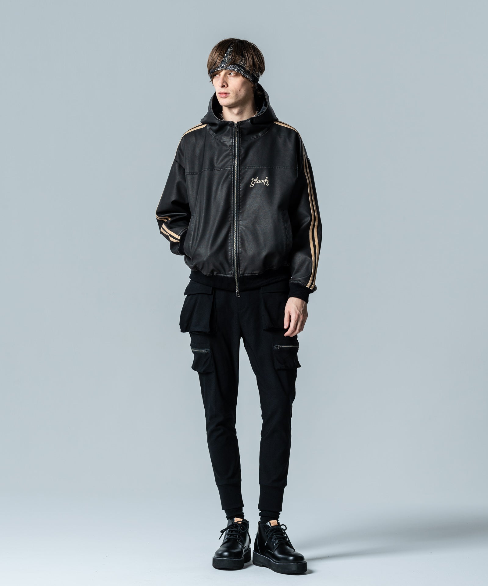 GB0125/JKT09 : Synth Leather Hooded Track Jacket / シンセレザー
