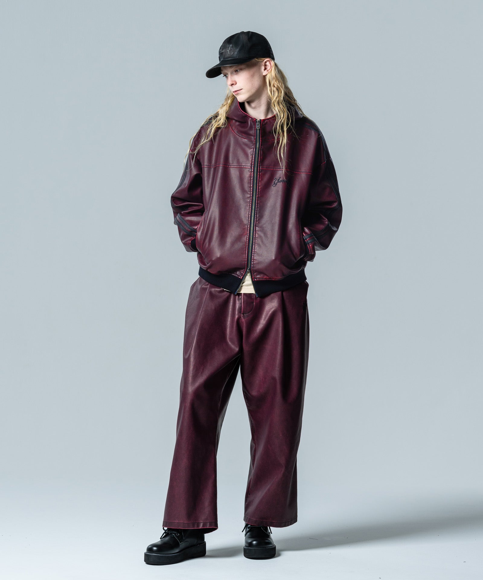GB0125/JKT09 : Synth Leather Hooded Track Jacket / シンセレザー