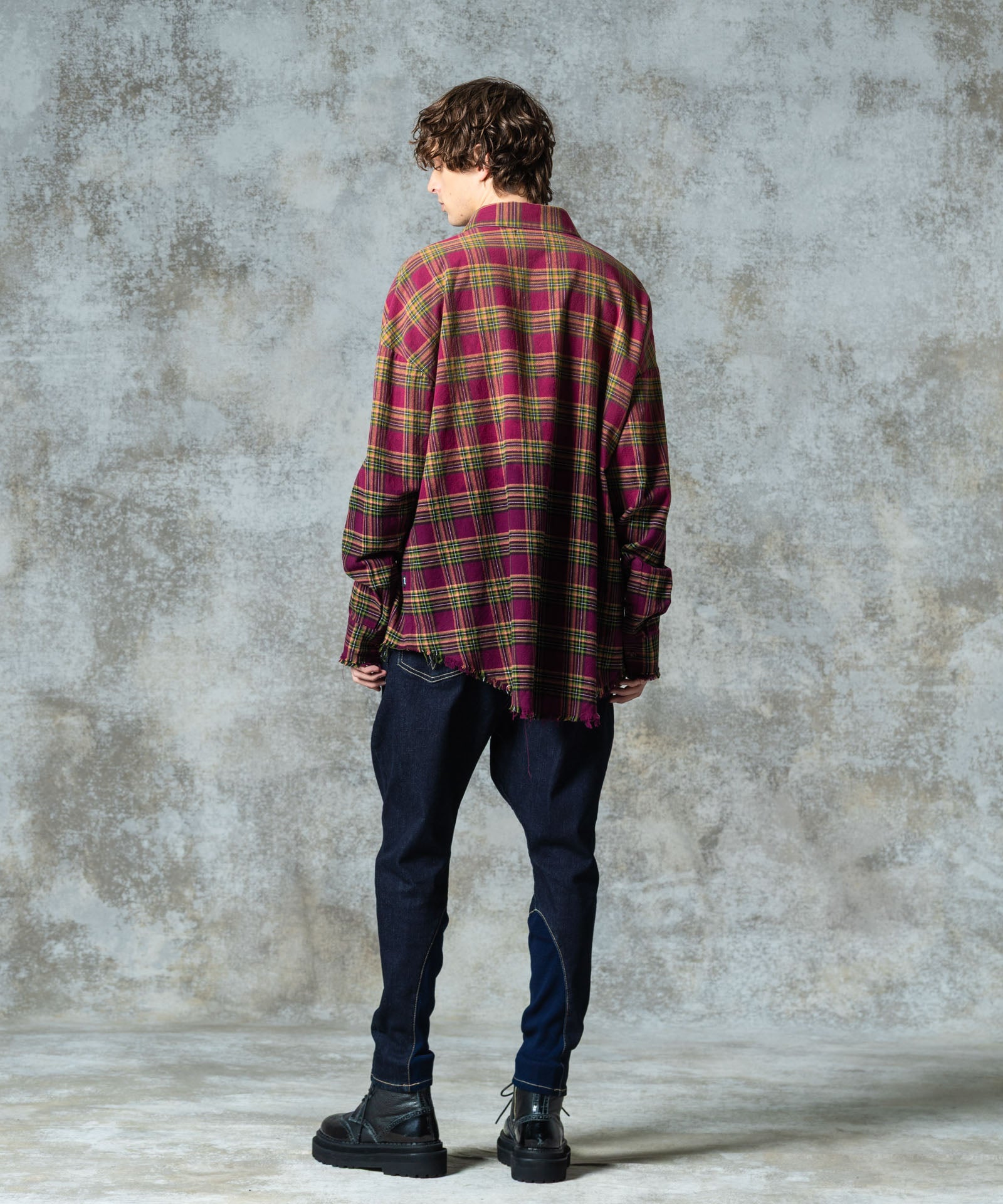 glambグラム　ペイントチェックシャツ3　オーバーサイズペンキ加工ネルシャツ glamb シャツ Damage Check Shirt / ダメージチェックシャツ