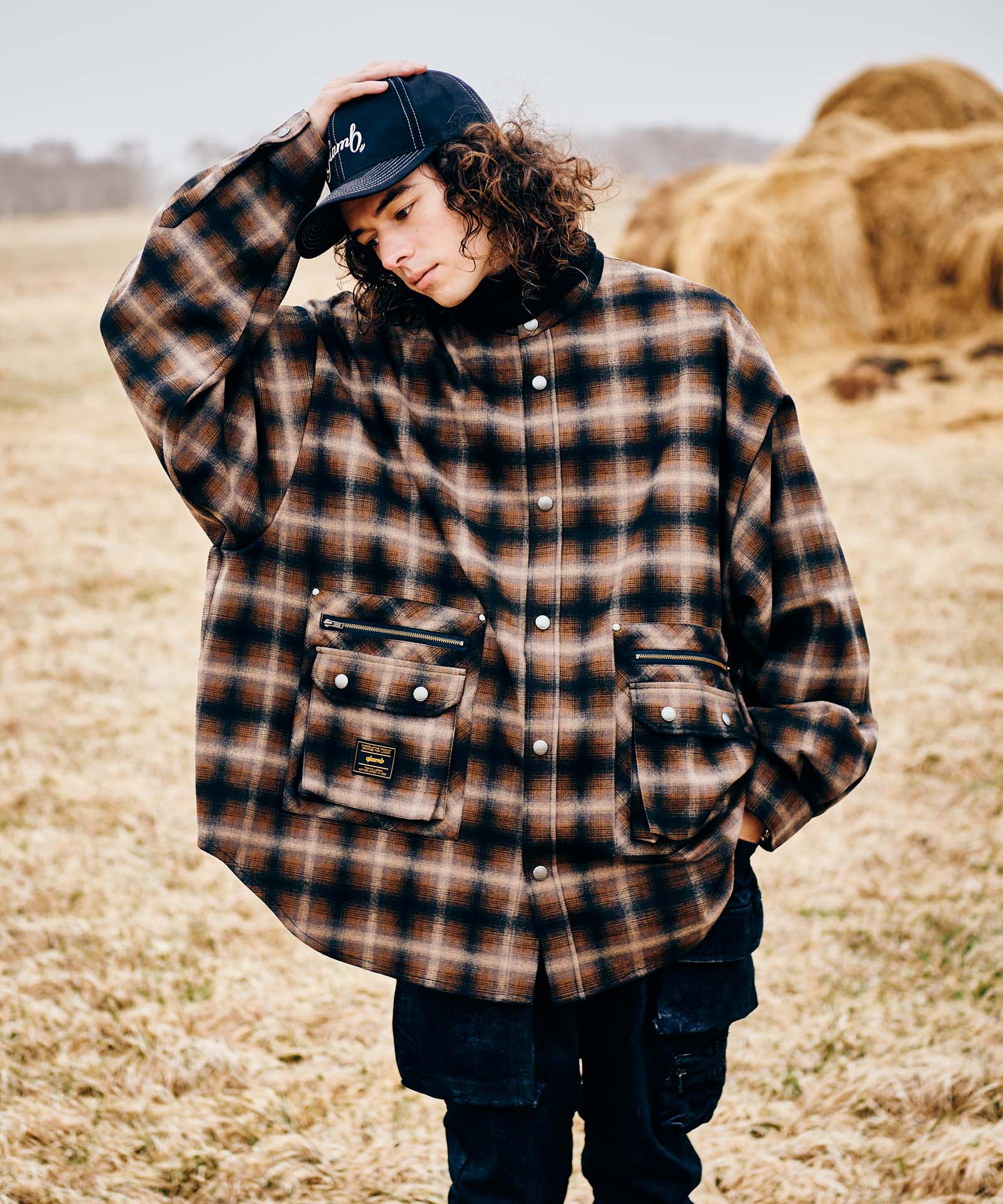 現行モデル【未使用】glamb(グラム)4XLスタンドカラーシャツ/チェック柄 GB0325/SH09 : 4XL Stand Collar Shirt / 4エックスエルスタンドカラー