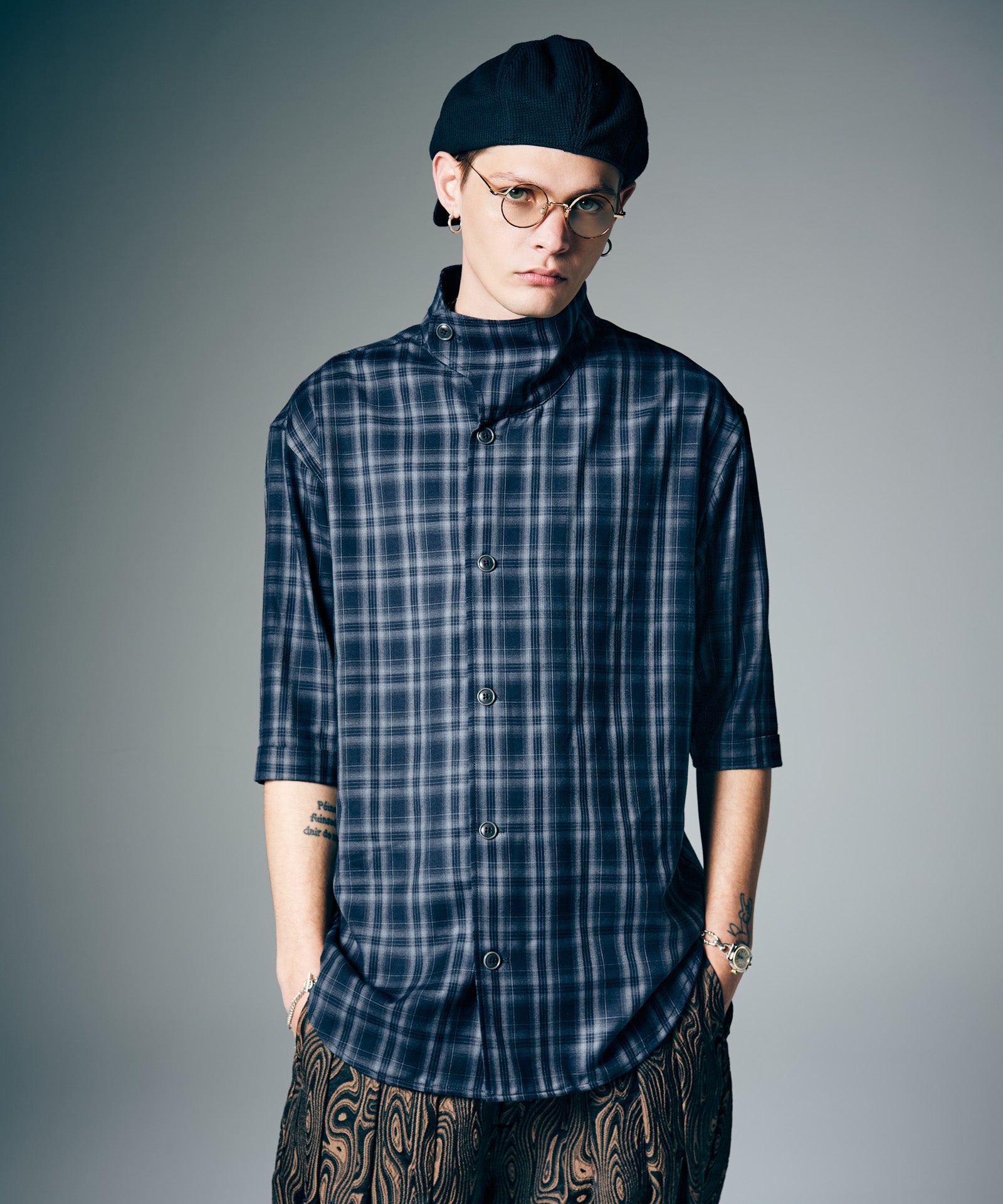 GB0226/SH08 : Stand Collar Check Shirt / スタンドカラーチェック