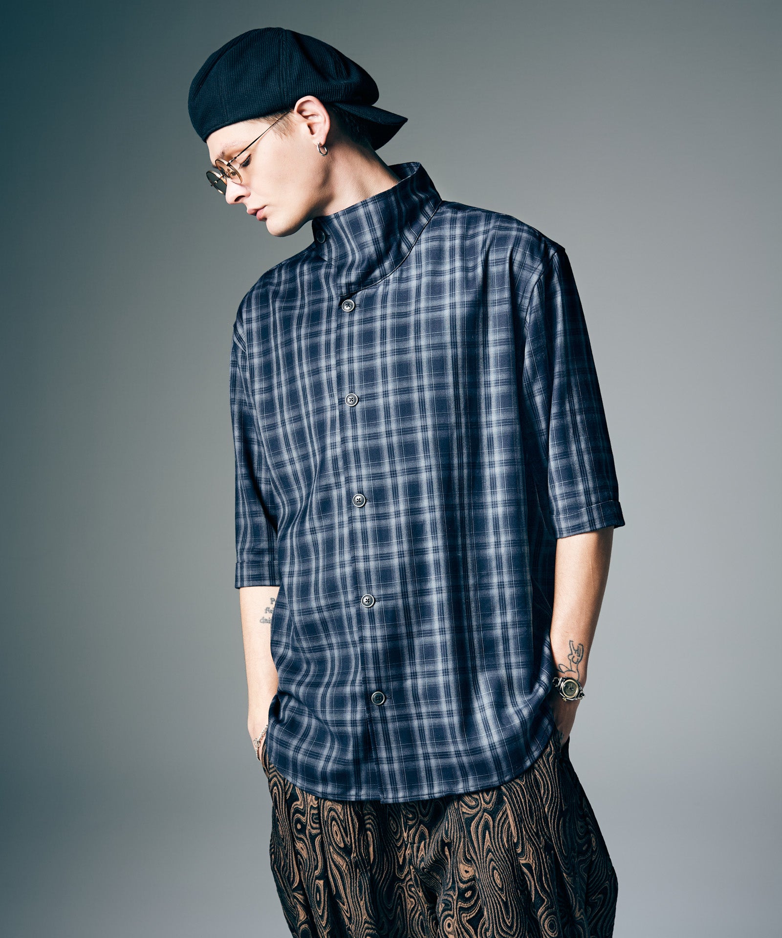 GB0226/SH08 : Stand Collar Check Shirt / スタンドカラーチェック