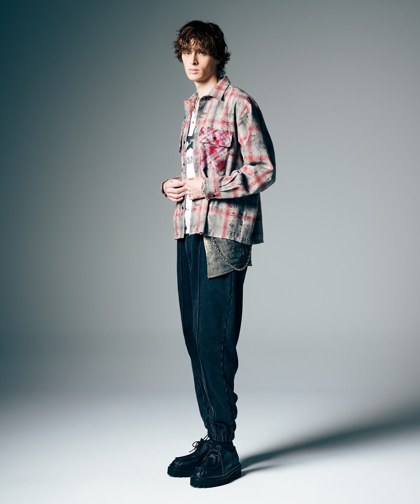 新品☆NINE☆スパンコールチェックシャツ GB0226/SH09 : Grunge Stain Check Shirt / グランジステインチェック
