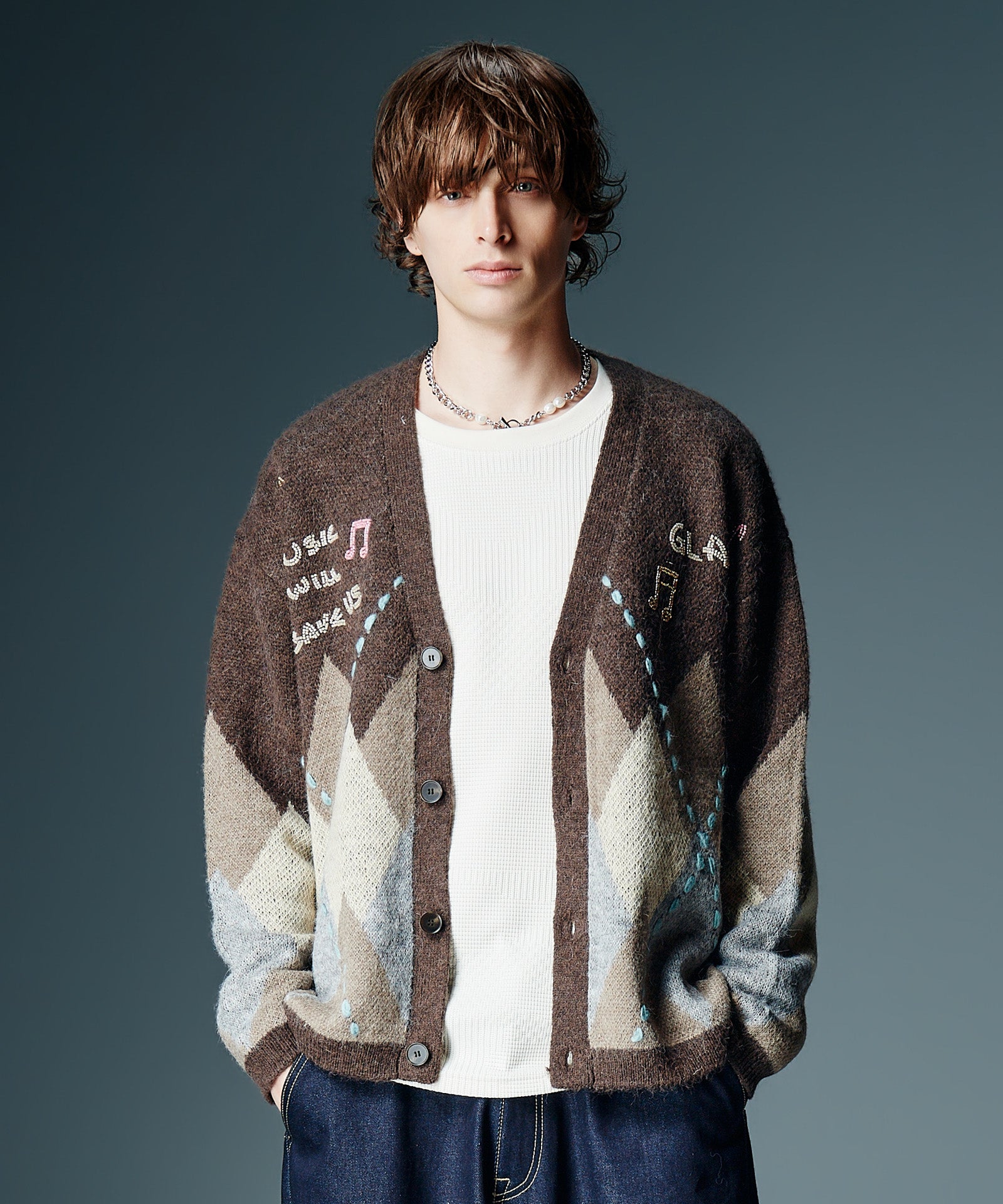 GB0326/KNT01 : Beadswork Argyle Cardigan / ビーズワークアーガイル