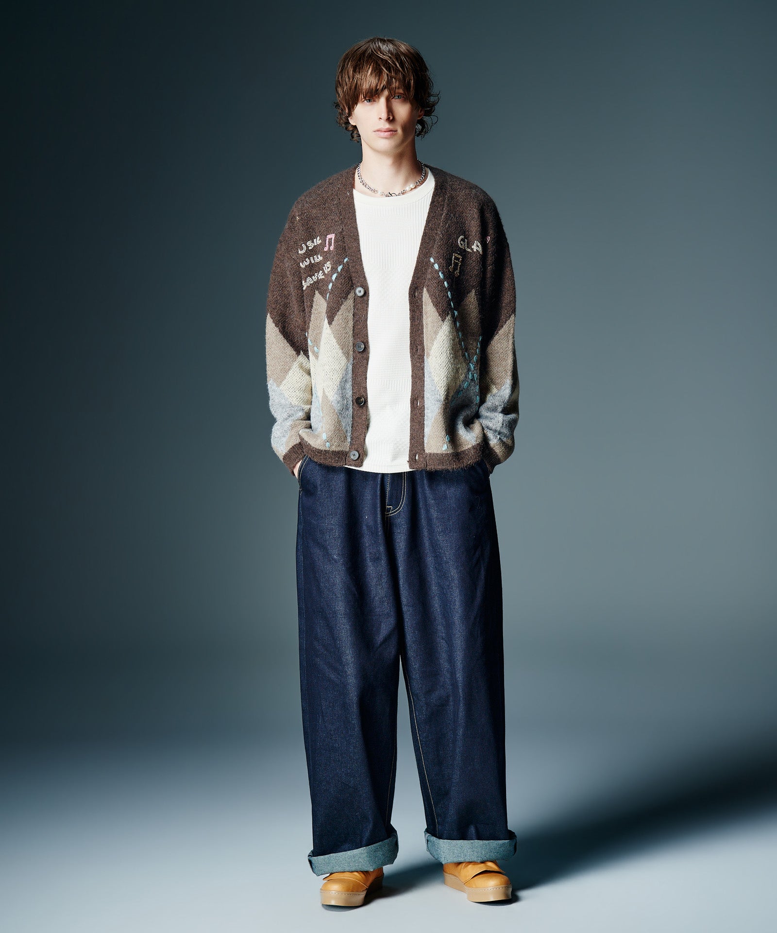 GB0326/KNT01 : Beadswork Argyle Cardigan / ビーズワークアーガイル